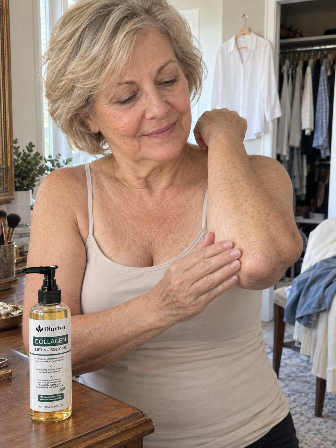 Illustrative image of a satisfied body-oil shopper