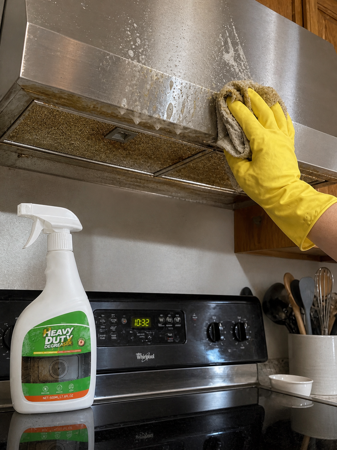 Customer photo wiping foam from a stainless steel range hood