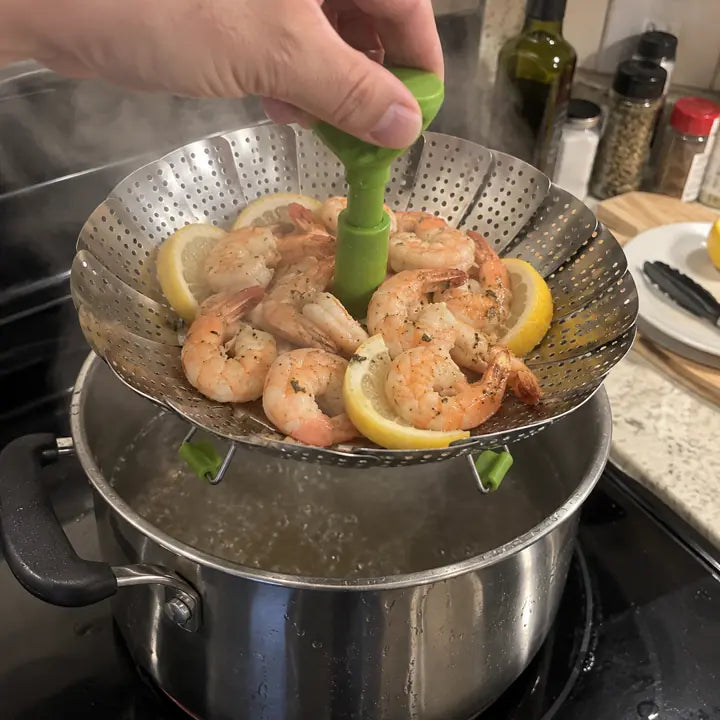 Customer lifting steamed shrimp with center handle