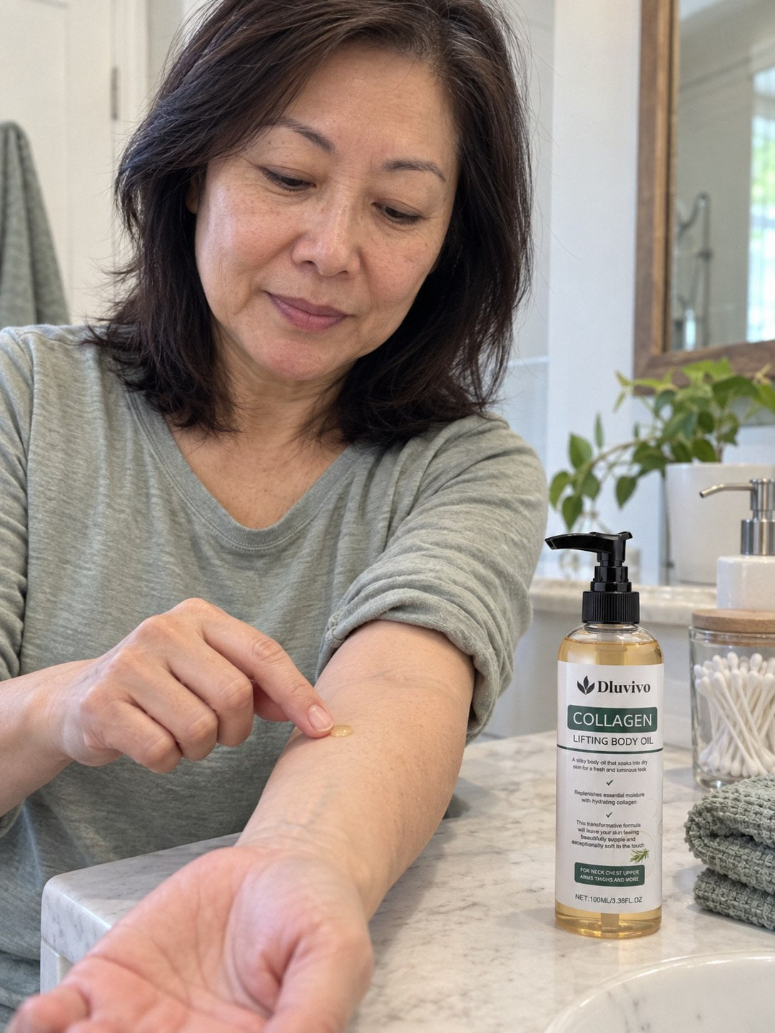 Illustrative image of a shopper applying body oil to mature skin
