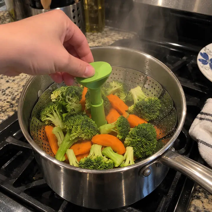 Customer lifting steamed broccoli and carrots