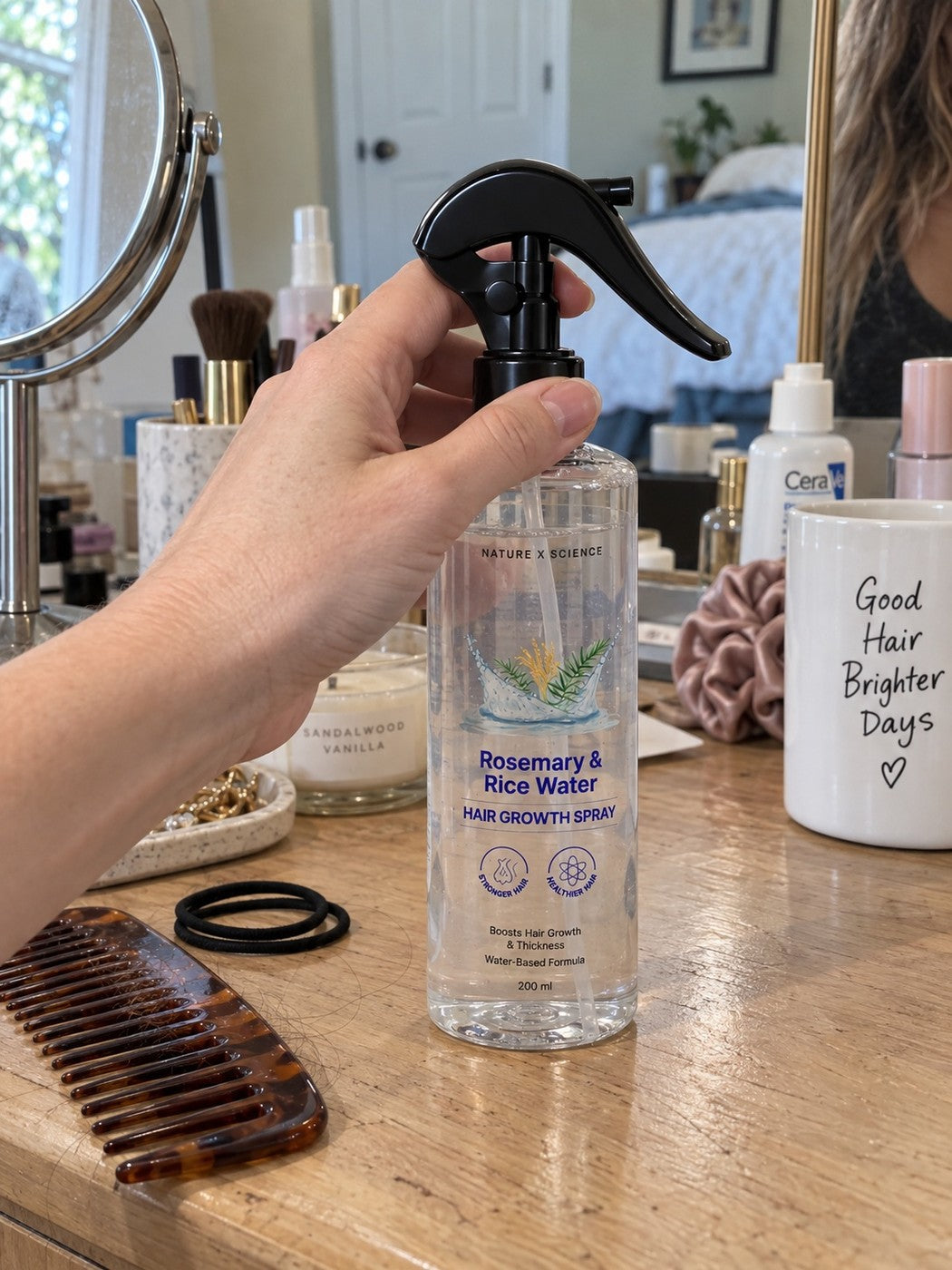 Illustrative photo of hair mist beside a comb