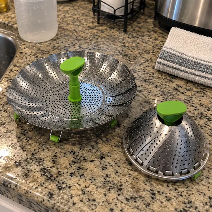 Customer showing opened and folded steamer basket