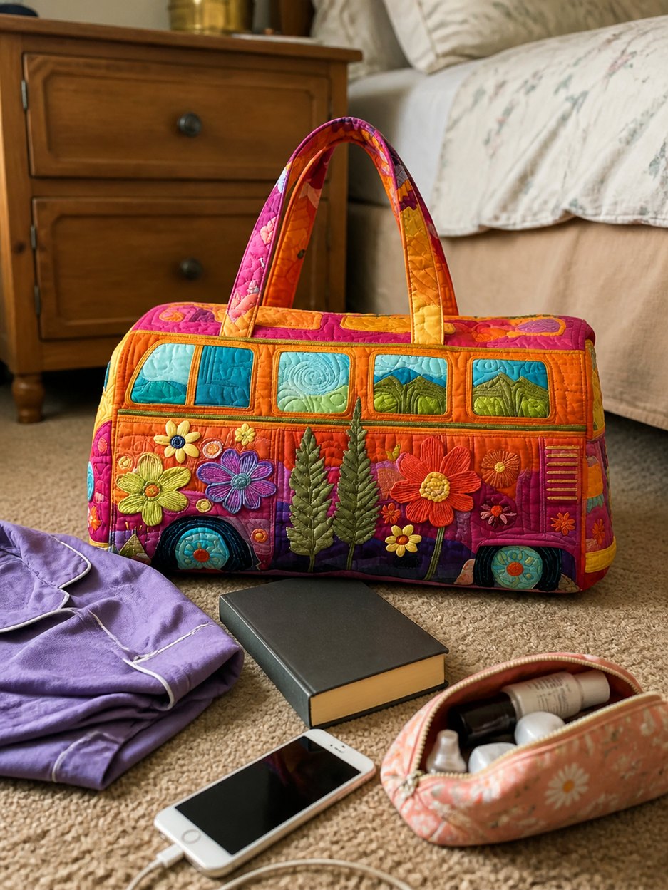 Amanda R. overnight bag beside pajamas and travel essentials