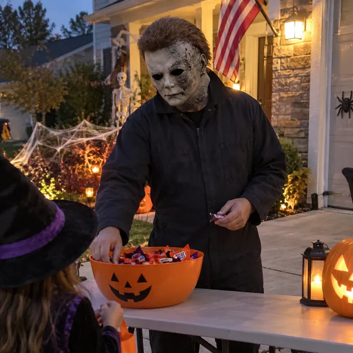 Halloween horror mask handing out candy on porch