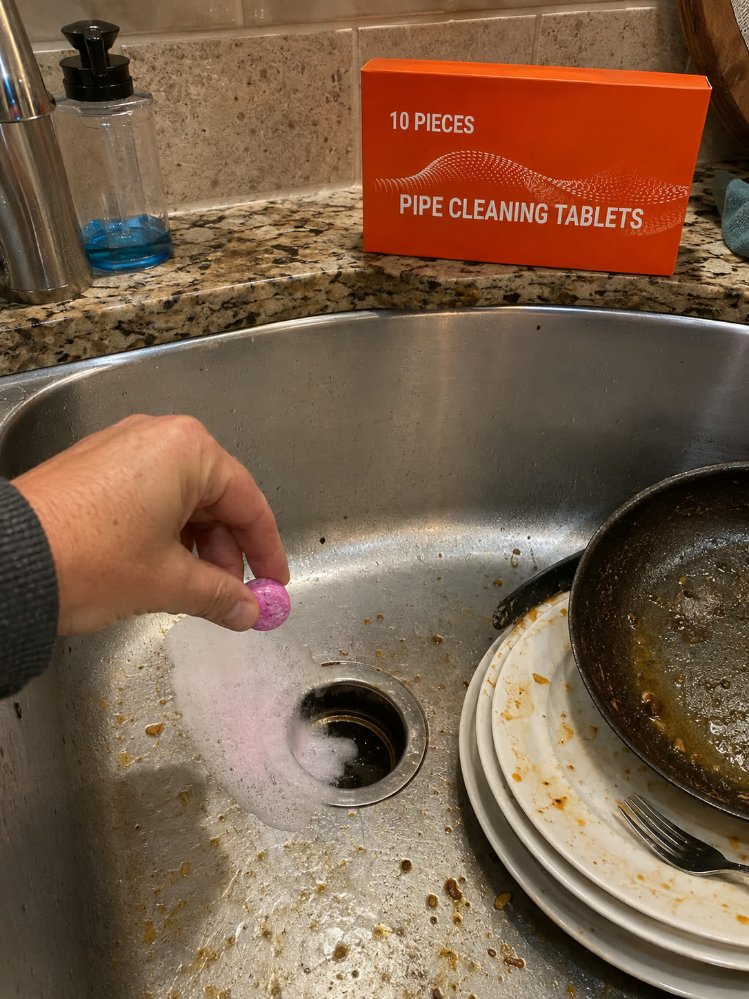 Customer photo dropping tablet into greasy kitchen sink