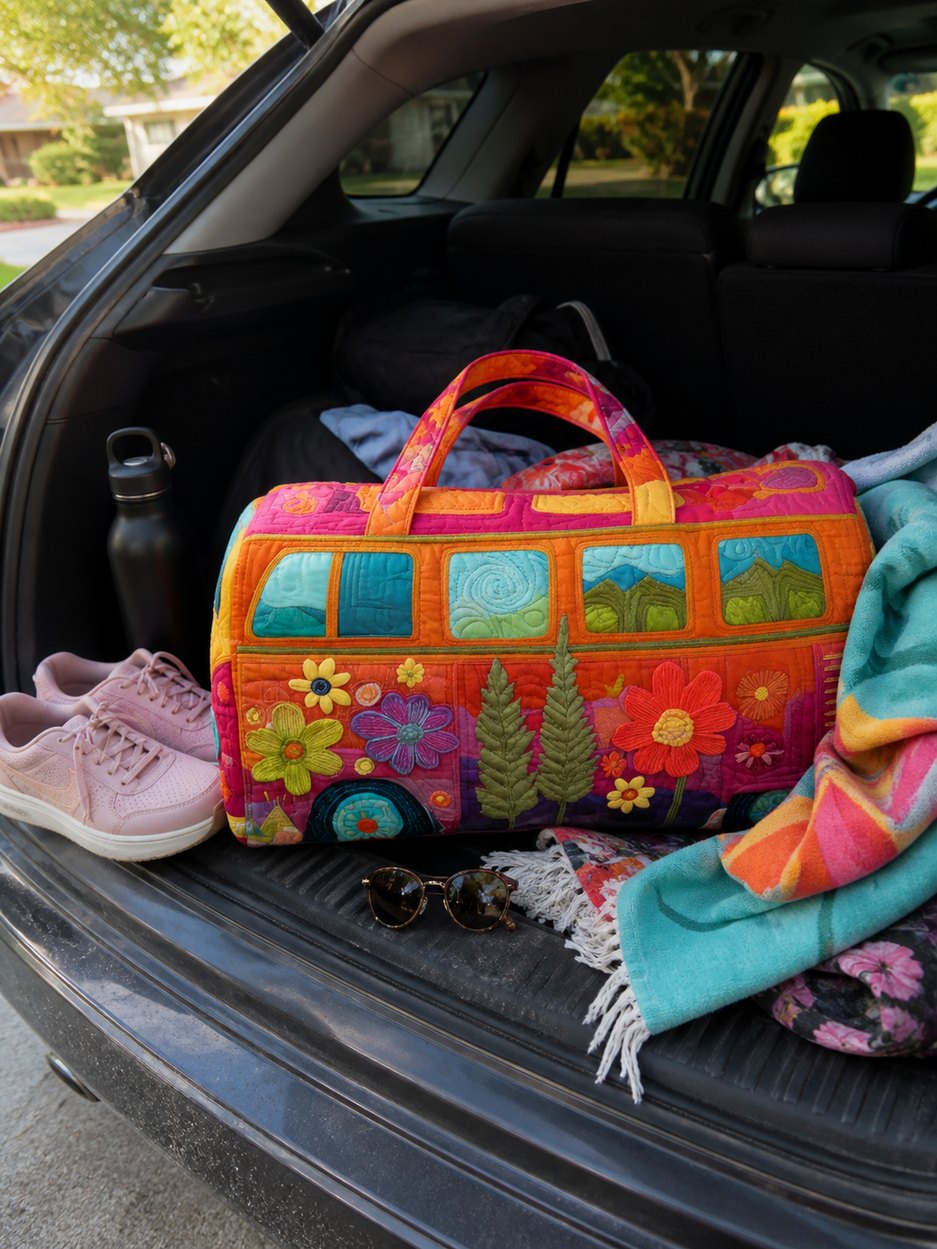 Marcus B. boho weekender in a car trunk with travel items