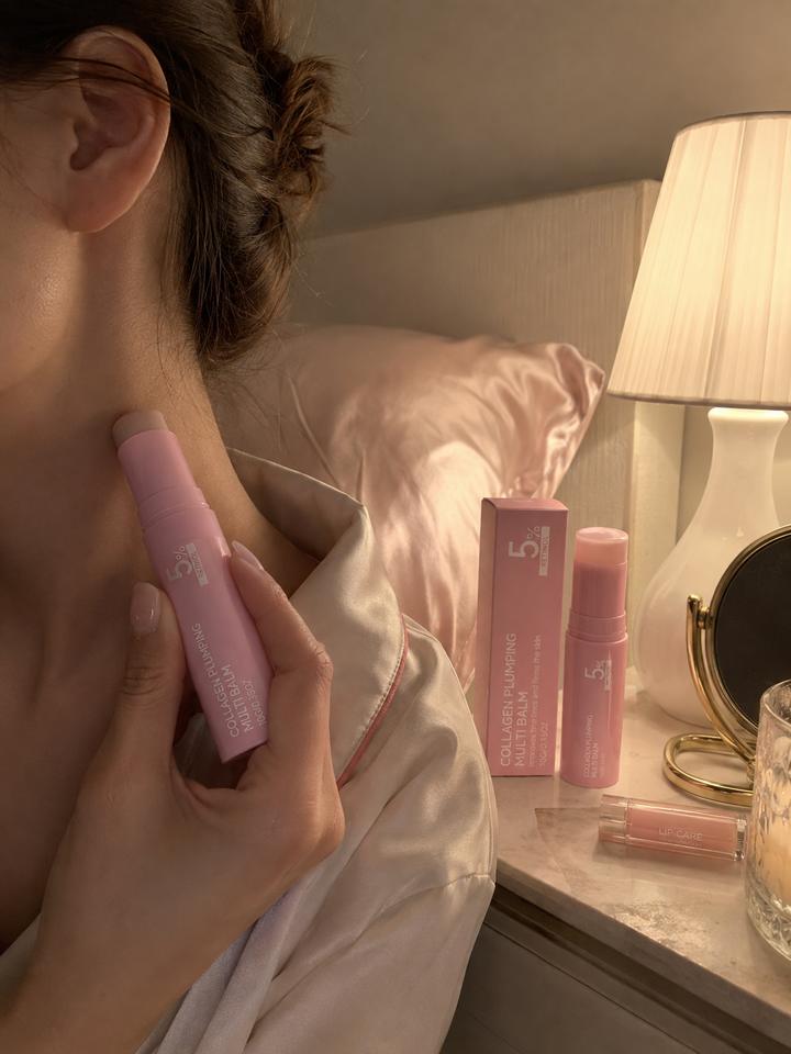 Customer review photo showing PDRN multi balm used at night on neck and lips