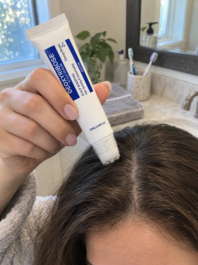 Woman rolling scalp serum along a center part line