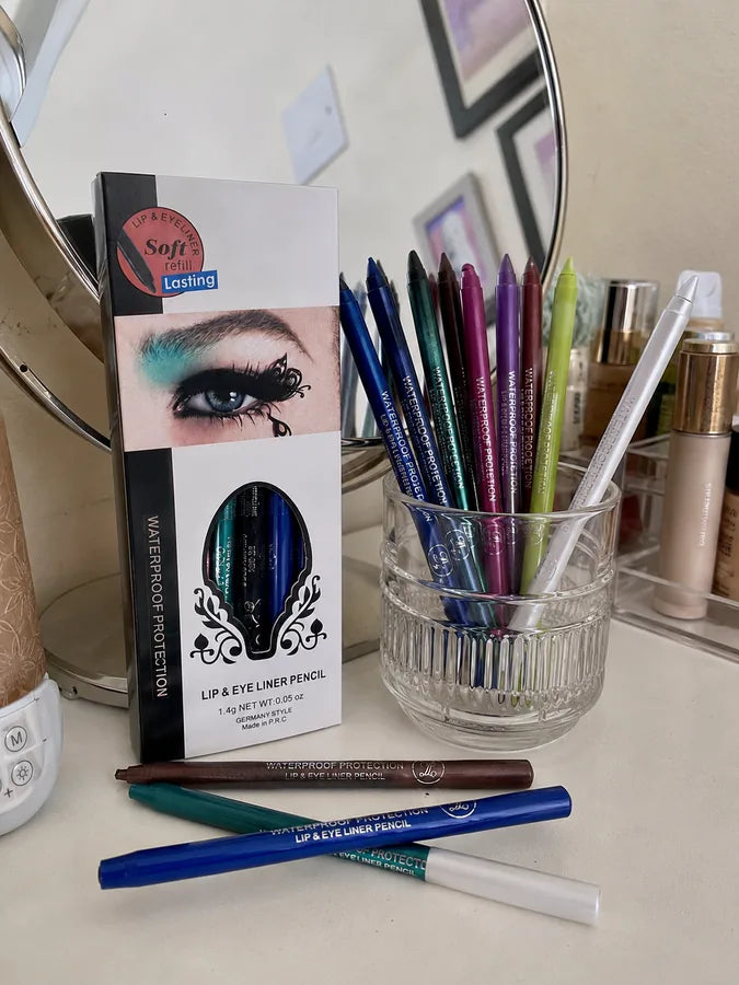 Lip and eye liner pencil set displayed with pencils in a vanity cup