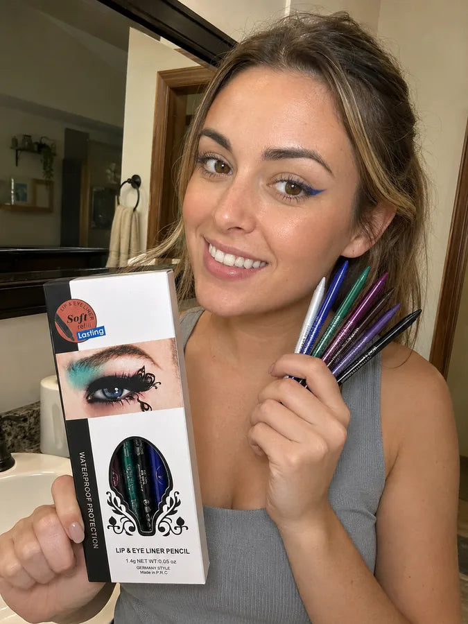 Customer holding colorful eyeliner pencils and product box while wearing blue eyeliner