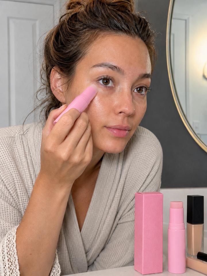 Customer review photo showing PDRN multi balm applied under eyes before concealer