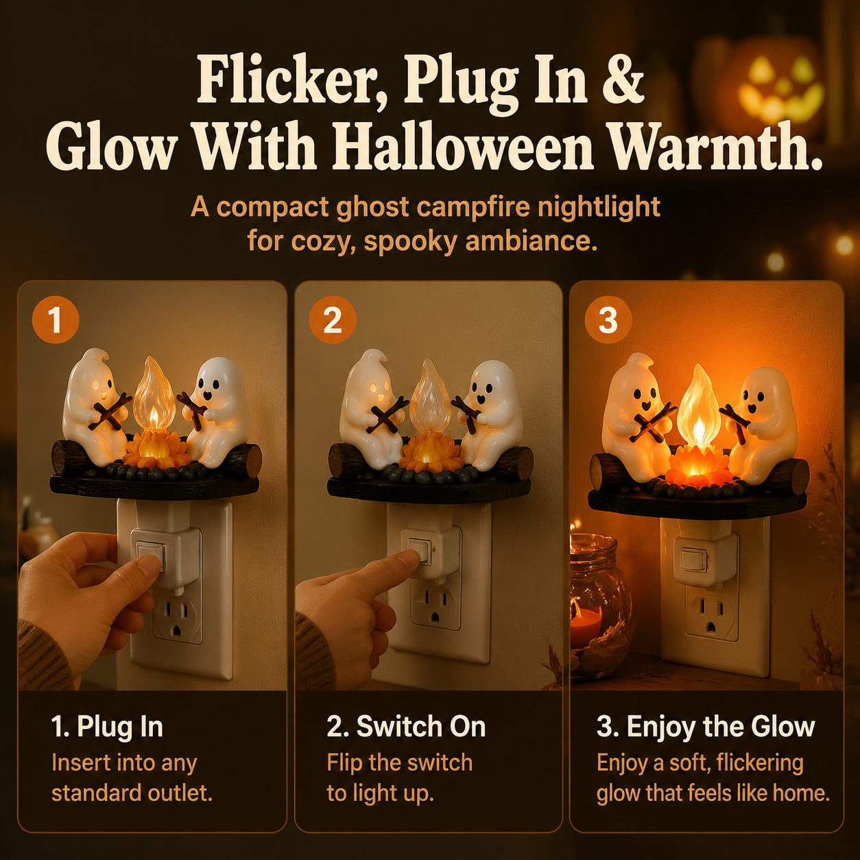 Ghost Campfire Nightlight three step plug in and glow routine