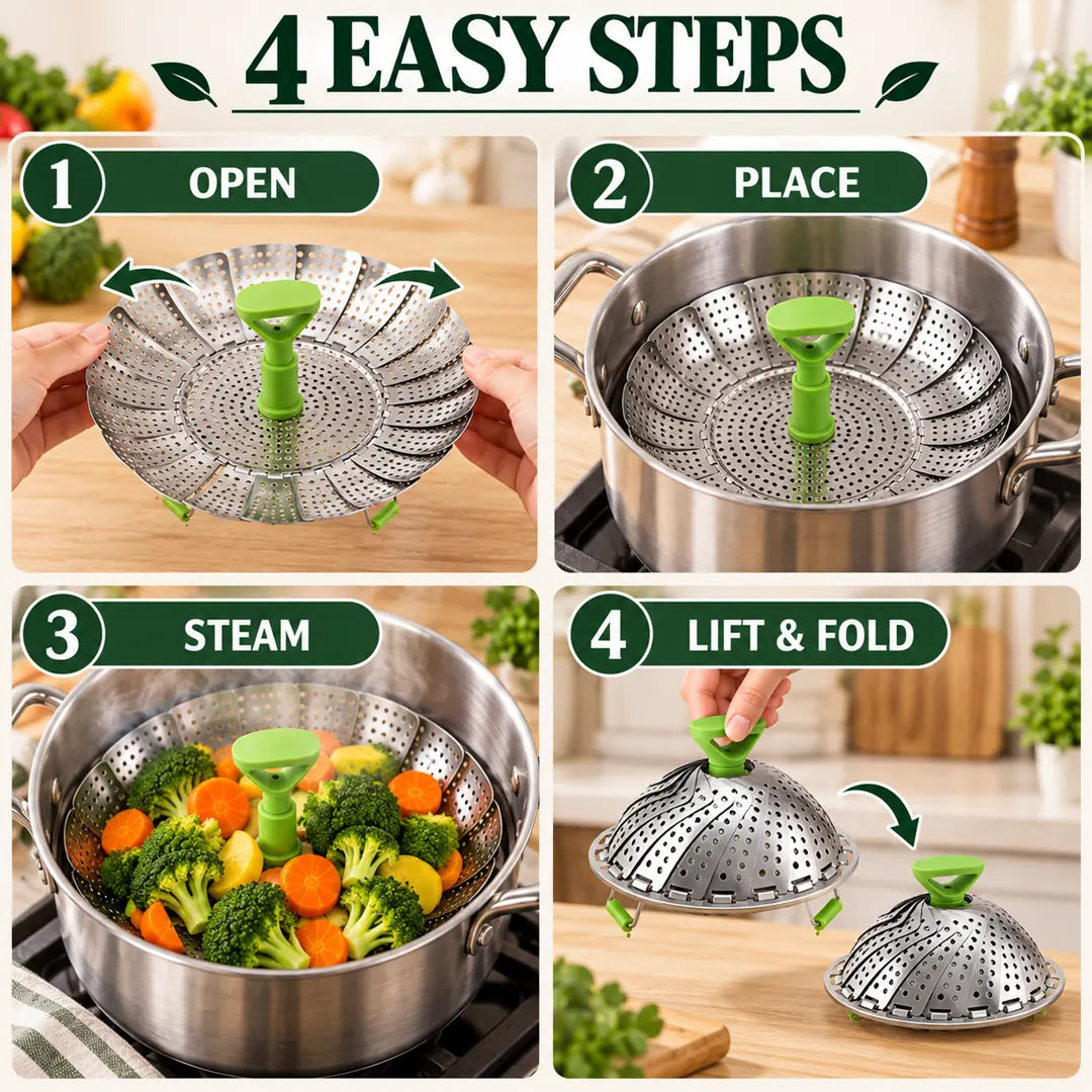 Four easy steps to open place steam lift and fold