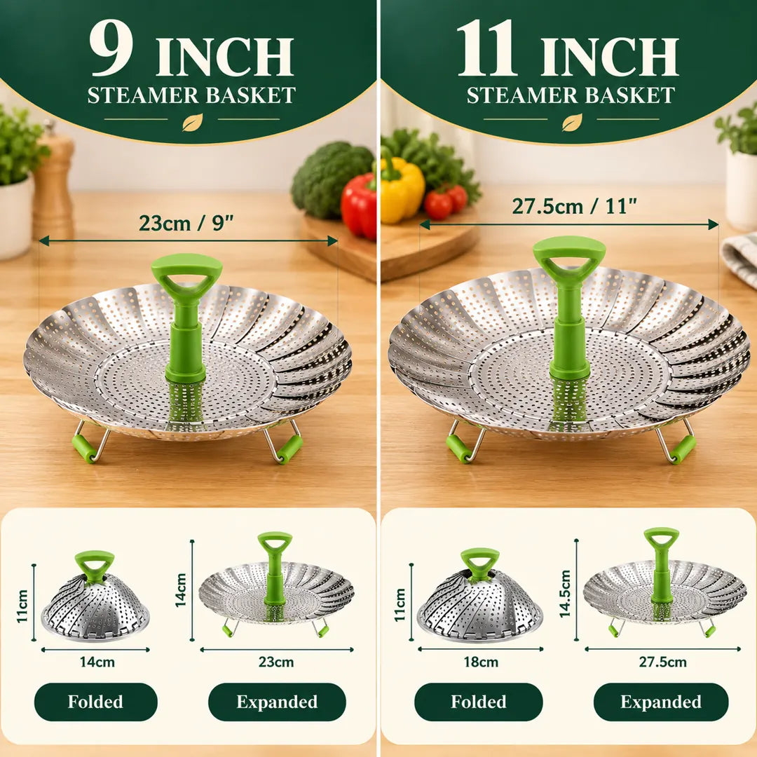 9 inch and 11 inch foldable steamer basket size guide