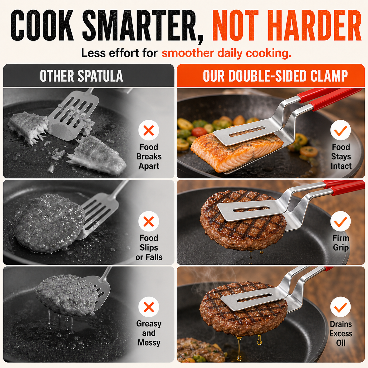 Cook smarter comparison between regular spatula and double-sided clamp