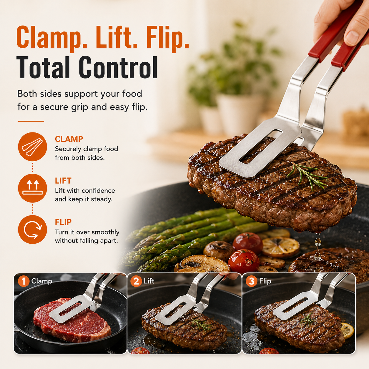 Clamp lift flip operation steps for double-sided grill clamp spatula