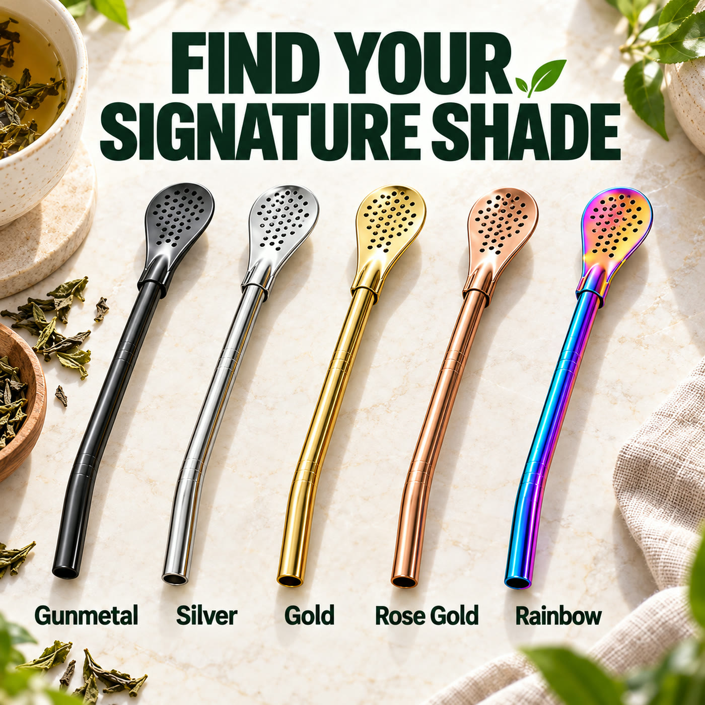 Filter straws displayed in Gunmetal, Silver, Gold, Rose Gold, and Rainbow
