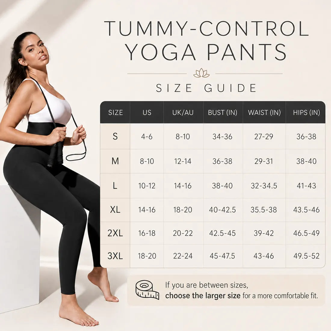 Tummy-control yoga pants size guide for S to 3XL with US, UK/AU, bust, waist, and hips measurements