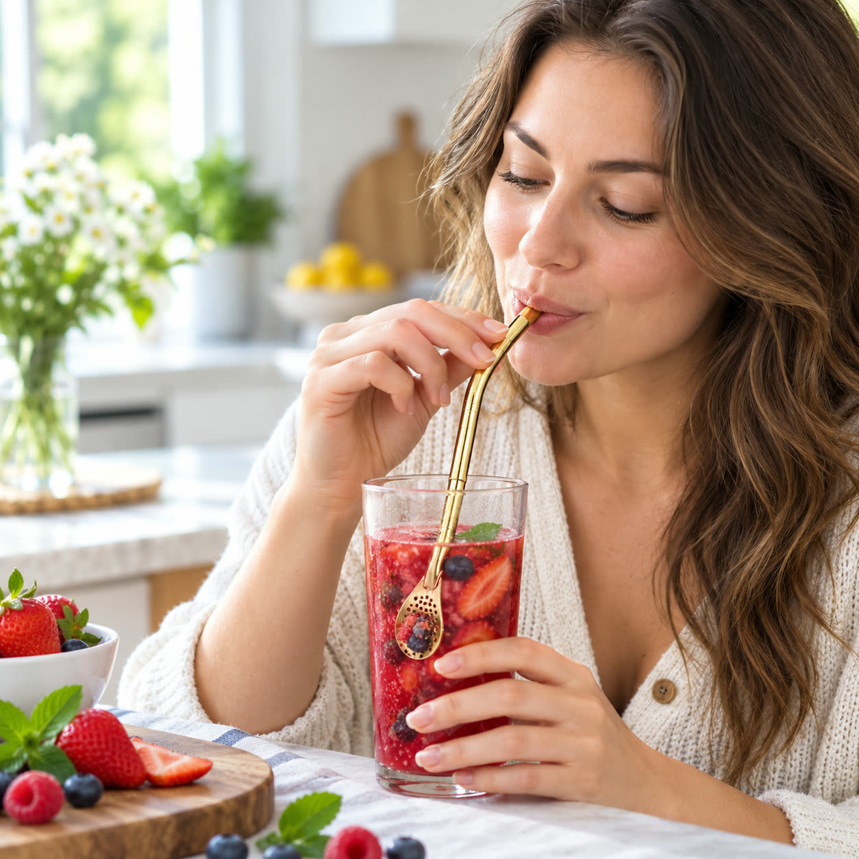 Woman enjoying a berry fruit drink with a gold sip and scoop straw