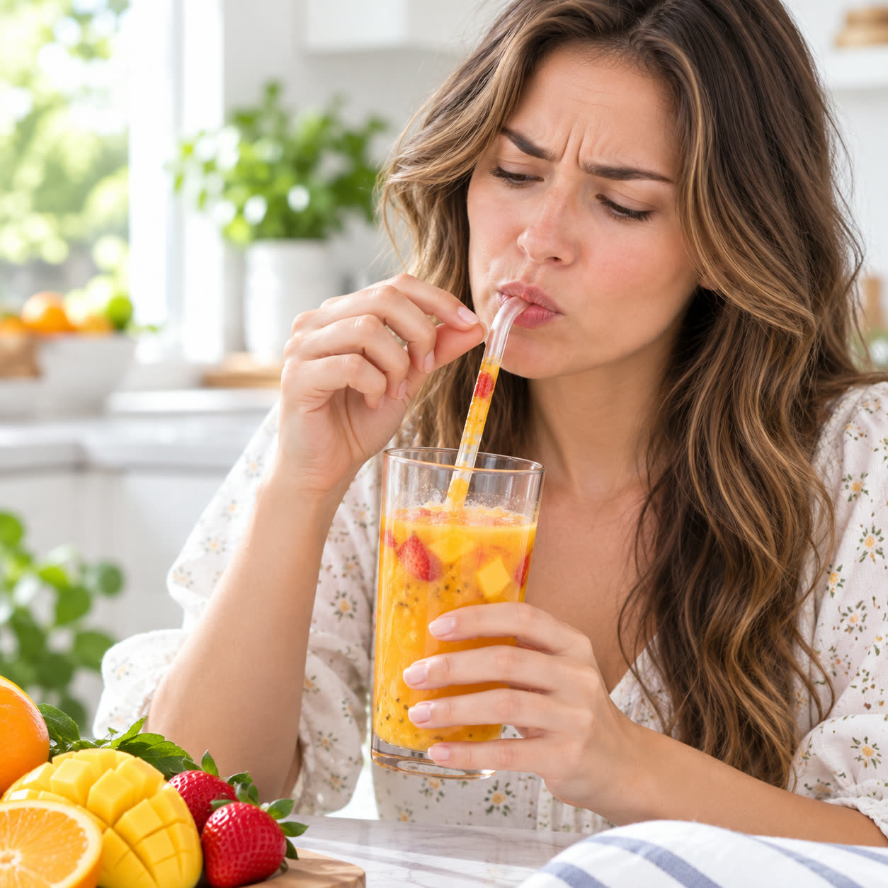 Woman struggling to drink fruit juice through an ordinary clear straw