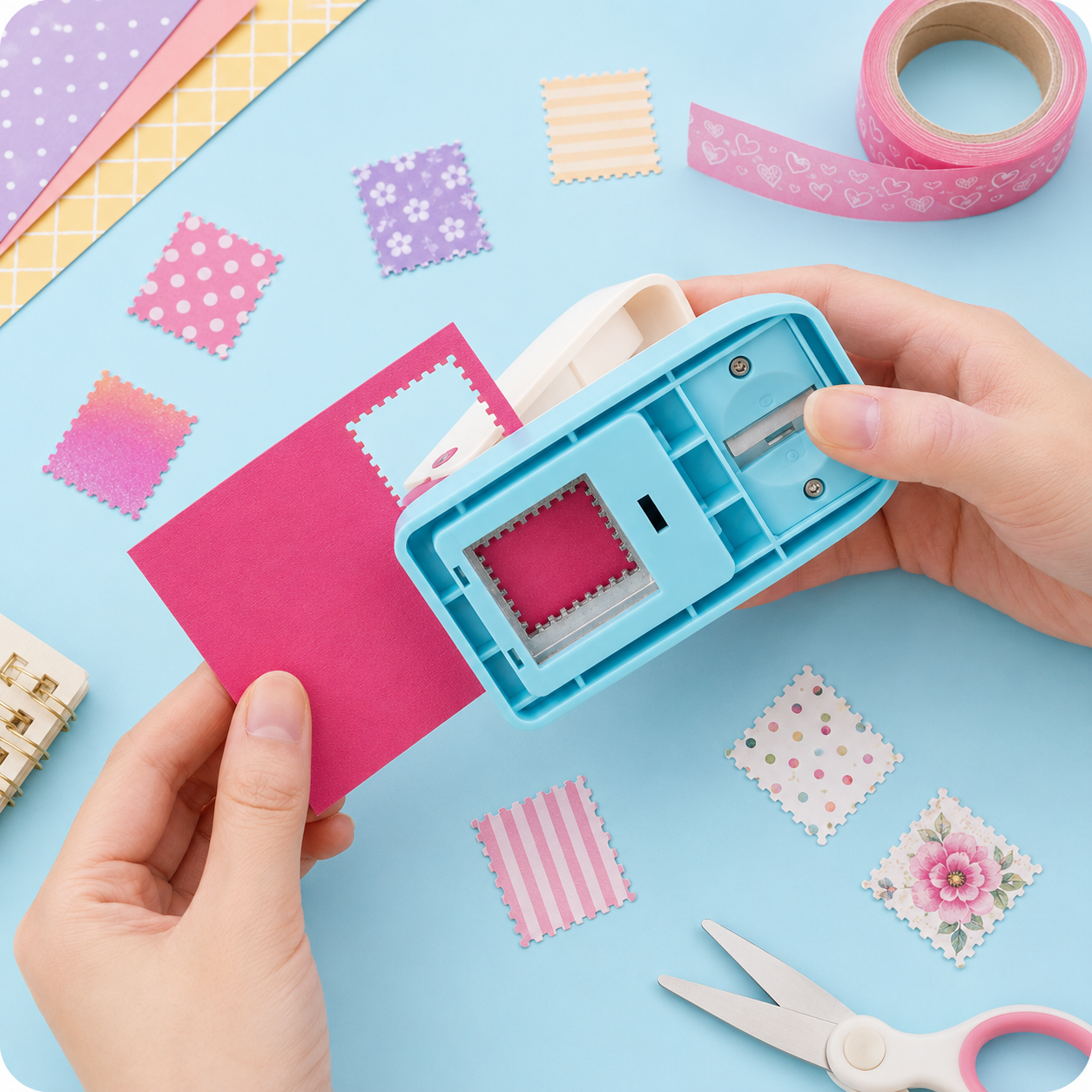 Stamp-edge paper punch cutting colorful paper for handmade crafts