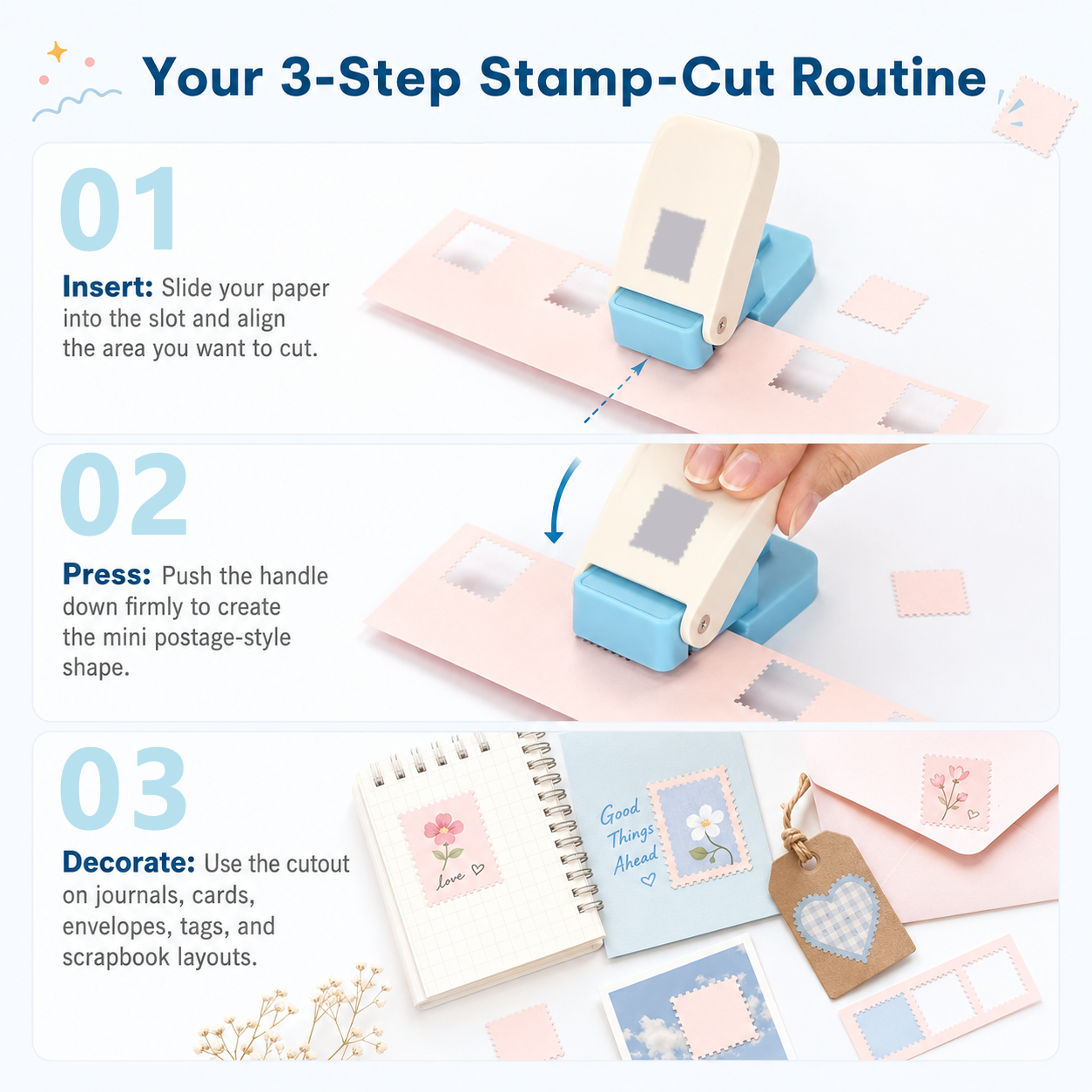 Three-step stamp-cut routine for paper crafts