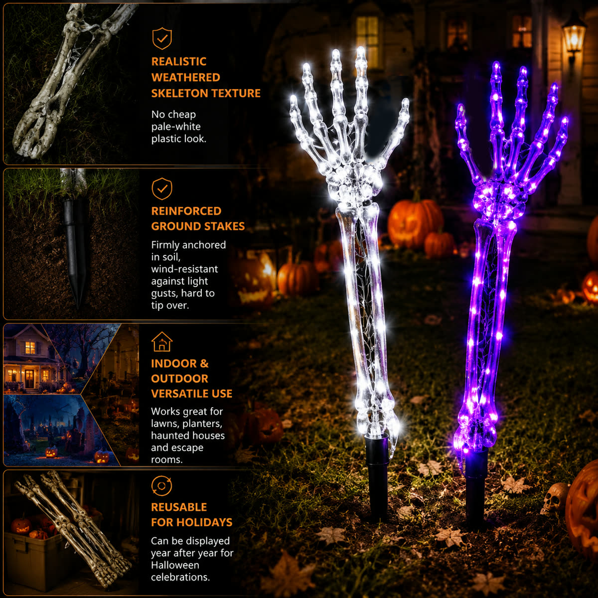 Light-up skeleton hand Halloween yard stake realistic texture, reinforced stake, indoor outdoor use, and reusable storage features