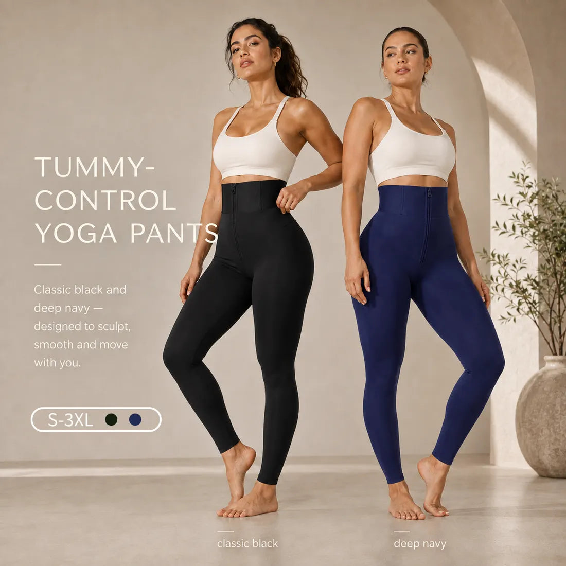 Tummy-control yoga pants shown in classic black and deep navy with S-3XL size callout