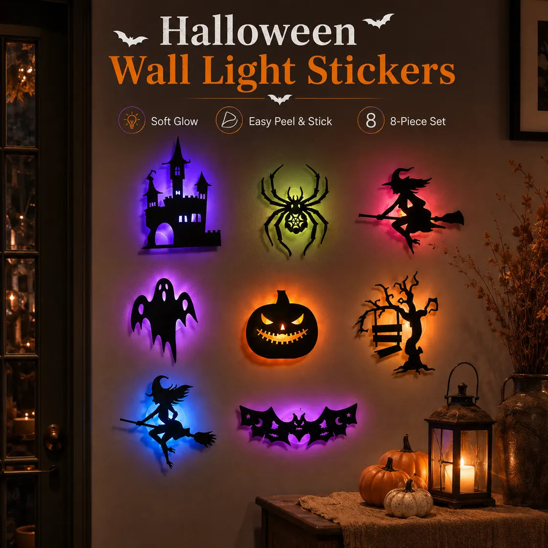 Halloween wall light stickers showing soft glow peel and stick and 8 piece set