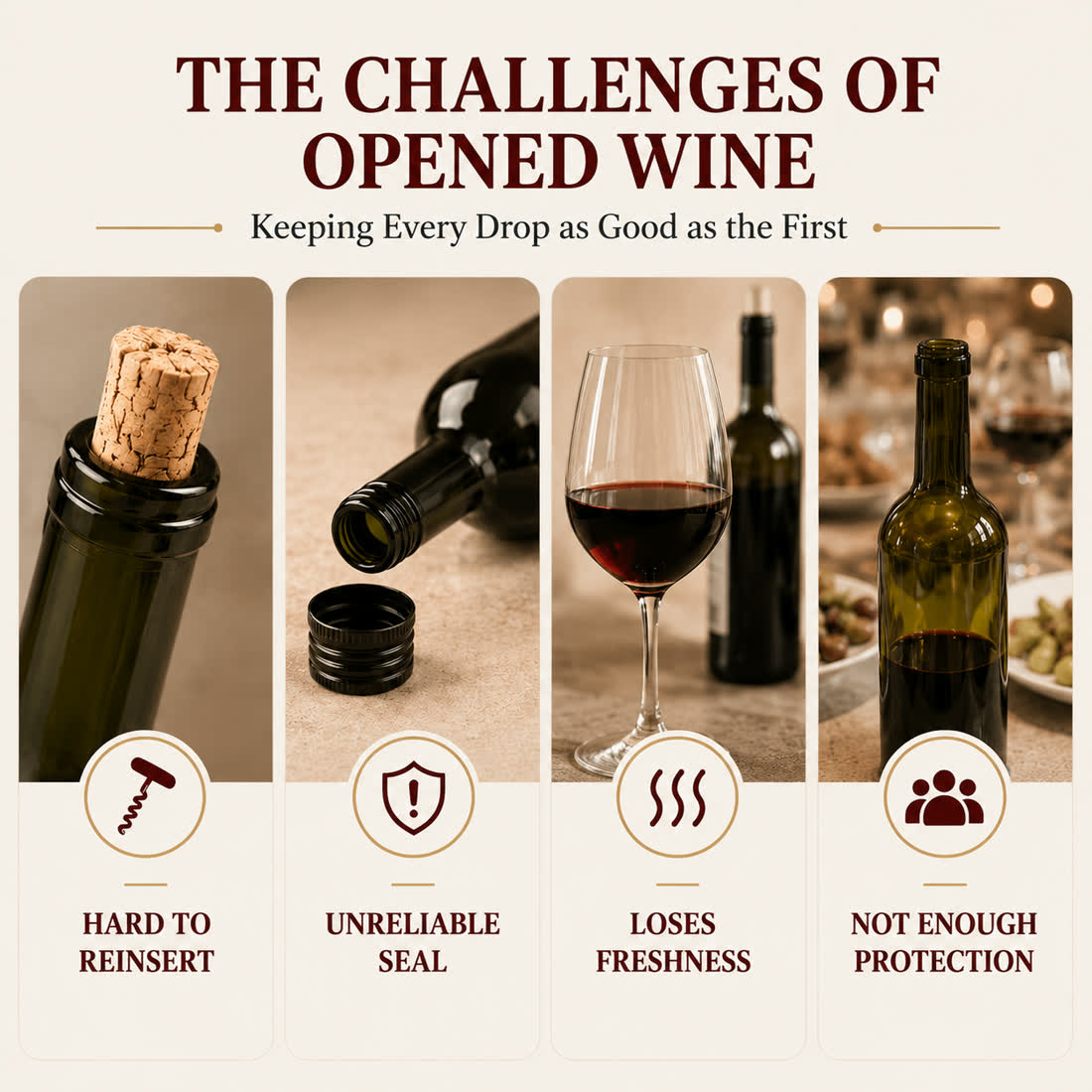 The challenges of opened wine including hard to reinsert corks, unreliable seal, lost freshness, and not enough protection