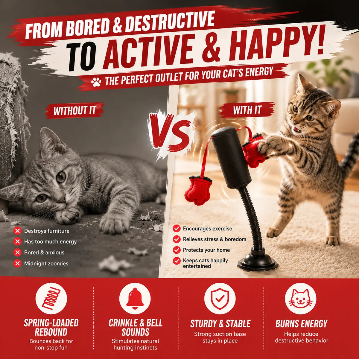 💕PawBoxa® Interactive Cat Punching Bag Toy 🥊🐾 Spring-Loaded Play Gym for Indoor Cats